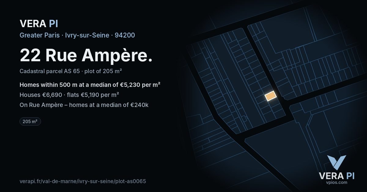 22 Rue Ampère, Ivry-sur-Seine at night – the plot lit, the parcels around coloured by the prices near them