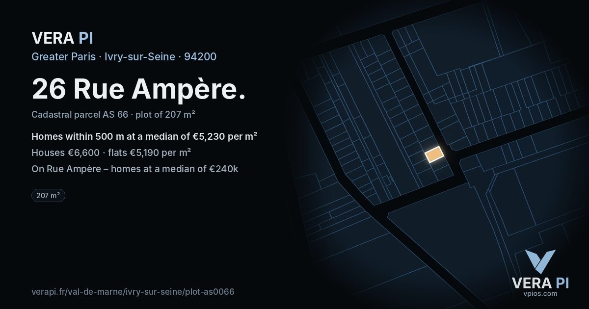 26 Rue Ampère, Ivry-sur-Seine at night – the plot lit, the parcels around coloured by the prices near them