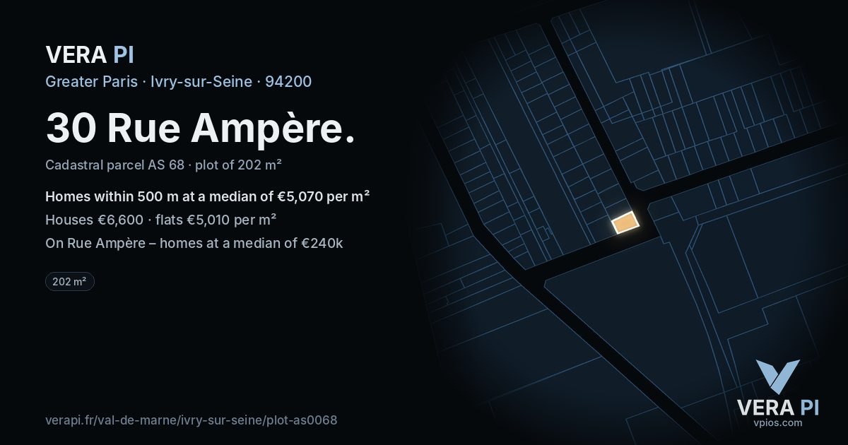 30 Rue Ampère, Ivry-sur-Seine at night – the plot lit, the parcels around coloured by the prices near them