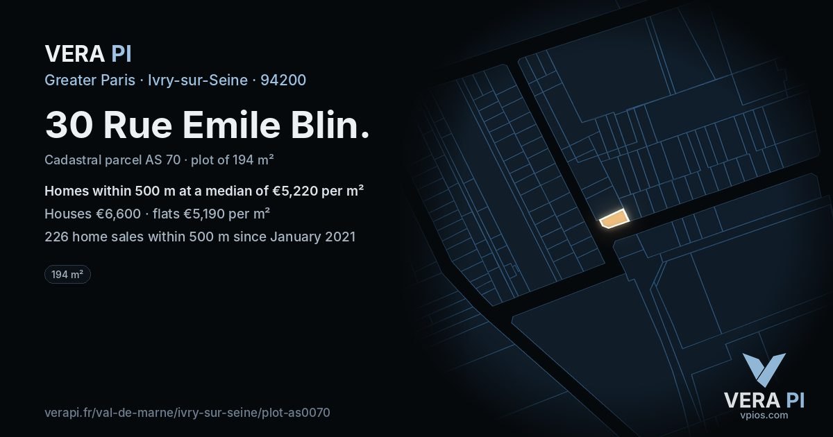30 Rue Emile Blin, Ivry-sur-Seine at night – the plot lit, the parcels around coloured by the prices near them