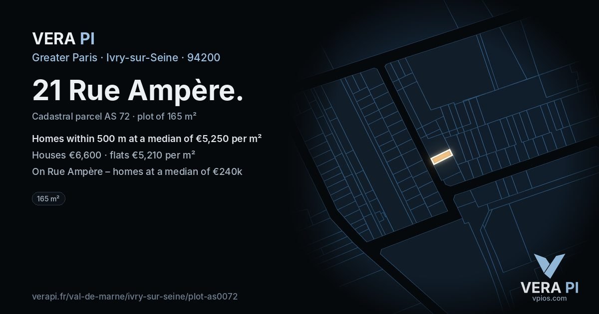 21 Rue Ampère, Ivry-sur-Seine at night – the plot lit, the parcels around coloured by the prices near them
