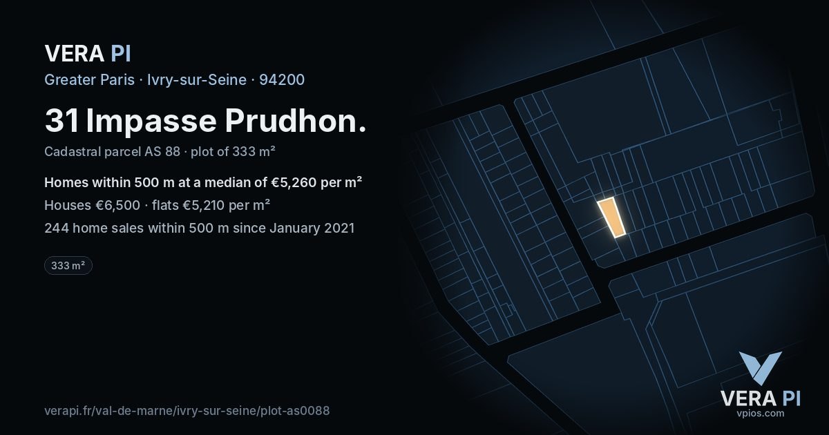 31 Impasse Prudhon, Ivry-sur-Seine at night – the plot lit, the parcels around coloured by the prices near them