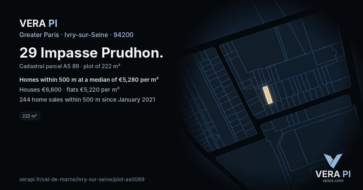29 Impasse Prudhon, Ivry-sur-Seine at night – the plot lit, the parcels around coloured by the prices near them