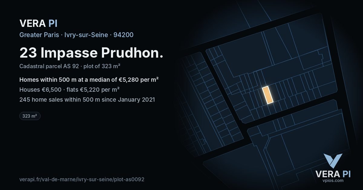 23 Impasse Prudhon, Ivry-sur-Seine at night – the plot lit, the parcels around coloured by the prices near them