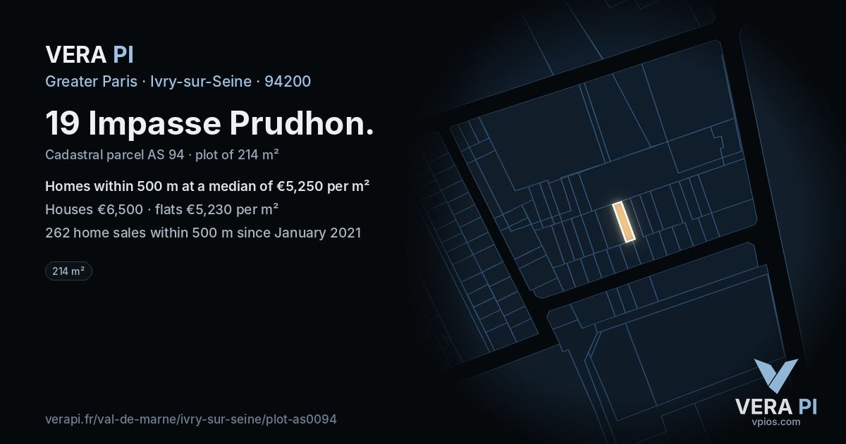 19 Impasse Prudhon, Ivry-sur-Seine at night – the plot lit, the parcels around coloured by the prices near them