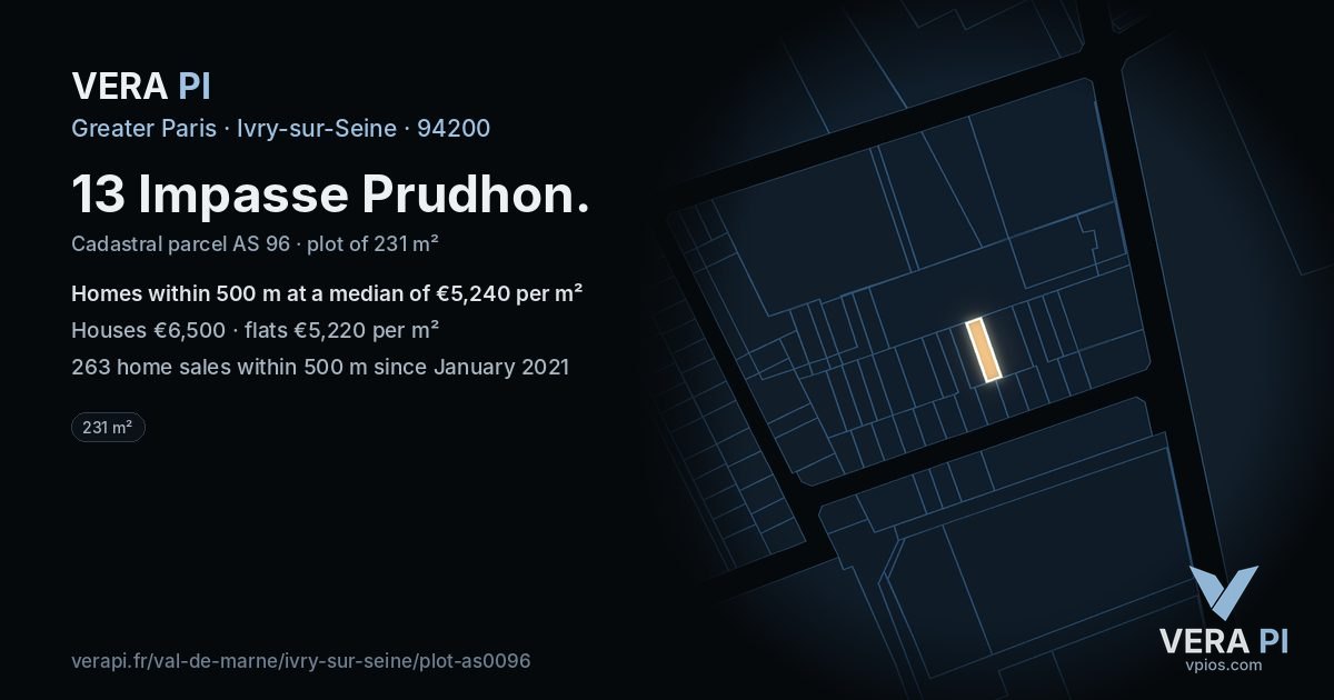 13 Impasse Prudhon, Ivry-sur-Seine at night – the plot lit, the parcels around coloured by the prices near them