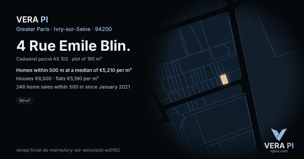 4 Rue Emile Blin, Ivry-sur-Seine at night – the plot lit, the parcels around coloured by the prices near them