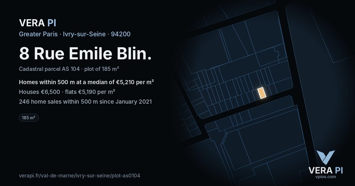 8 Rue Emile Blin, Ivry-sur-Seine at night – the plot lit, the parcels around coloured by the prices near them
