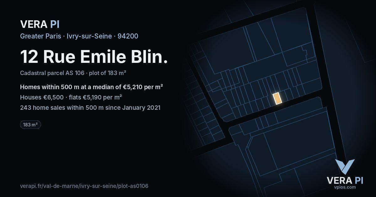 12 Rue Emile Blin, Ivry-sur-Seine at night – the plot lit, the parcels around coloured by the prices near them