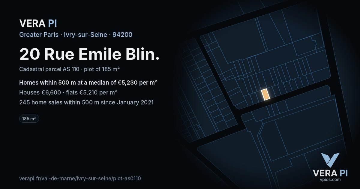 20 Rue Emile Blin, Ivry-sur-Seine at night – the plot lit, the parcels around coloured by the prices near them