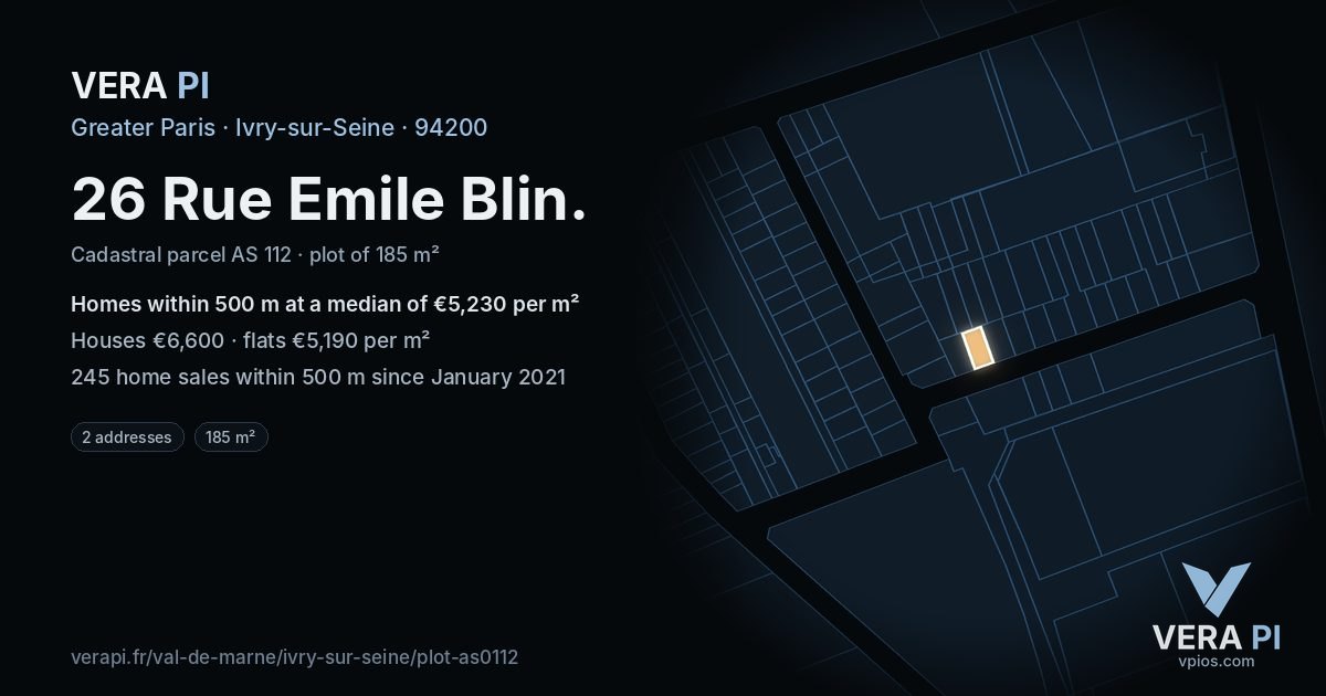 26 Rue Emile Blin, Ivry-sur-Seine at night – the plot lit, the parcels around coloured by the prices near them