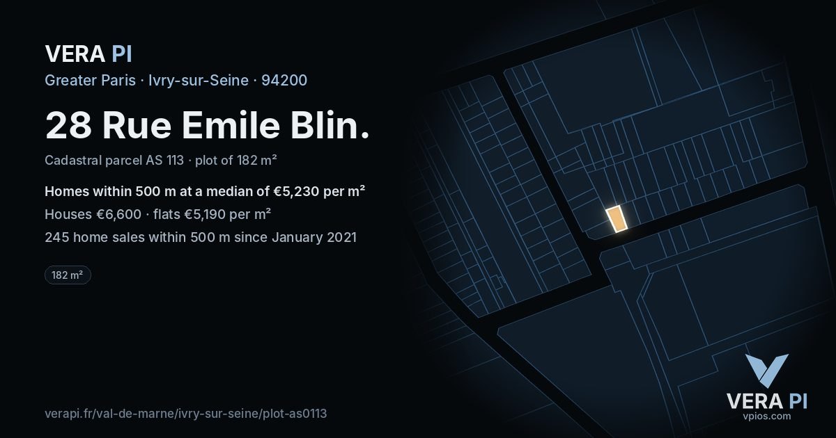 28 Rue Emile Blin, Ivry-sur-Seine at night – the plot lit, the parcels around coloured by the prices near them