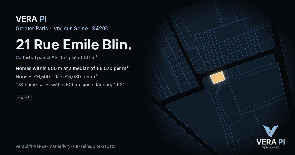 21 Rue Emile Blin, Ivry-sur-Seine at night – the plot lit, the parcels around coloured by the prices near them