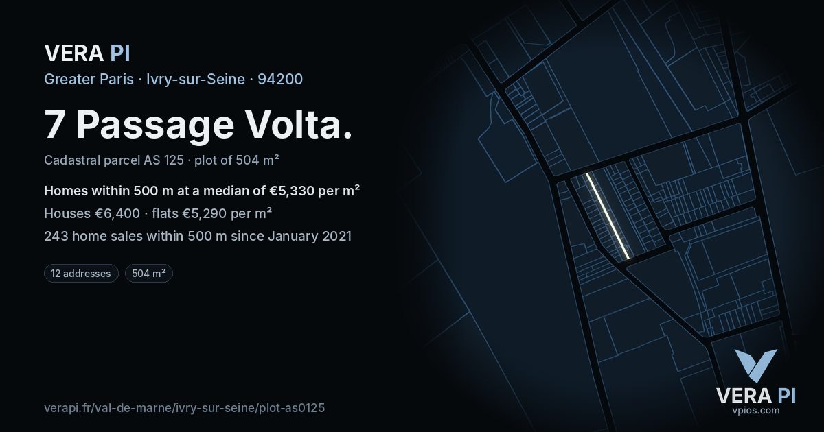 7 Passage Volta, Ivry-sur-Seine at night – the plot lit, the parcels around coloured by the prices near them