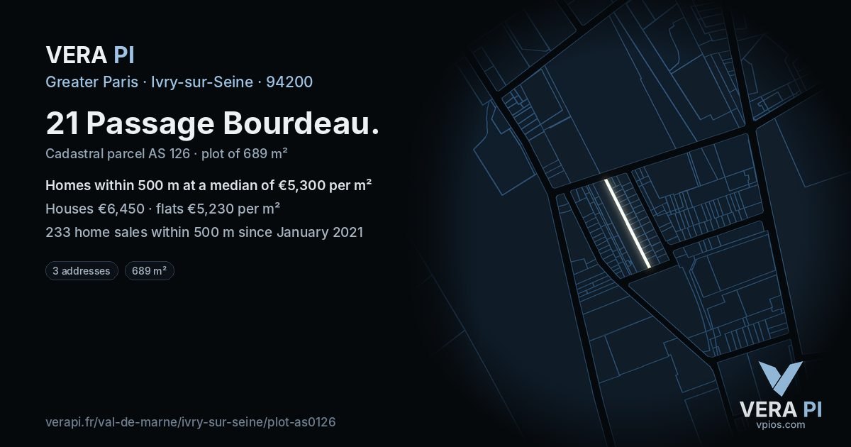 21 Passage Bourdeau, Ivry-sur-Seine at night – the plot lit, the parcels around coloured by the prices near them