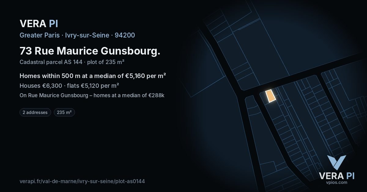 73 Rue Maurice Gunsbourg, Ivry-sur-Seine at night – the plot lit, the parcels around coloured by the prices near them