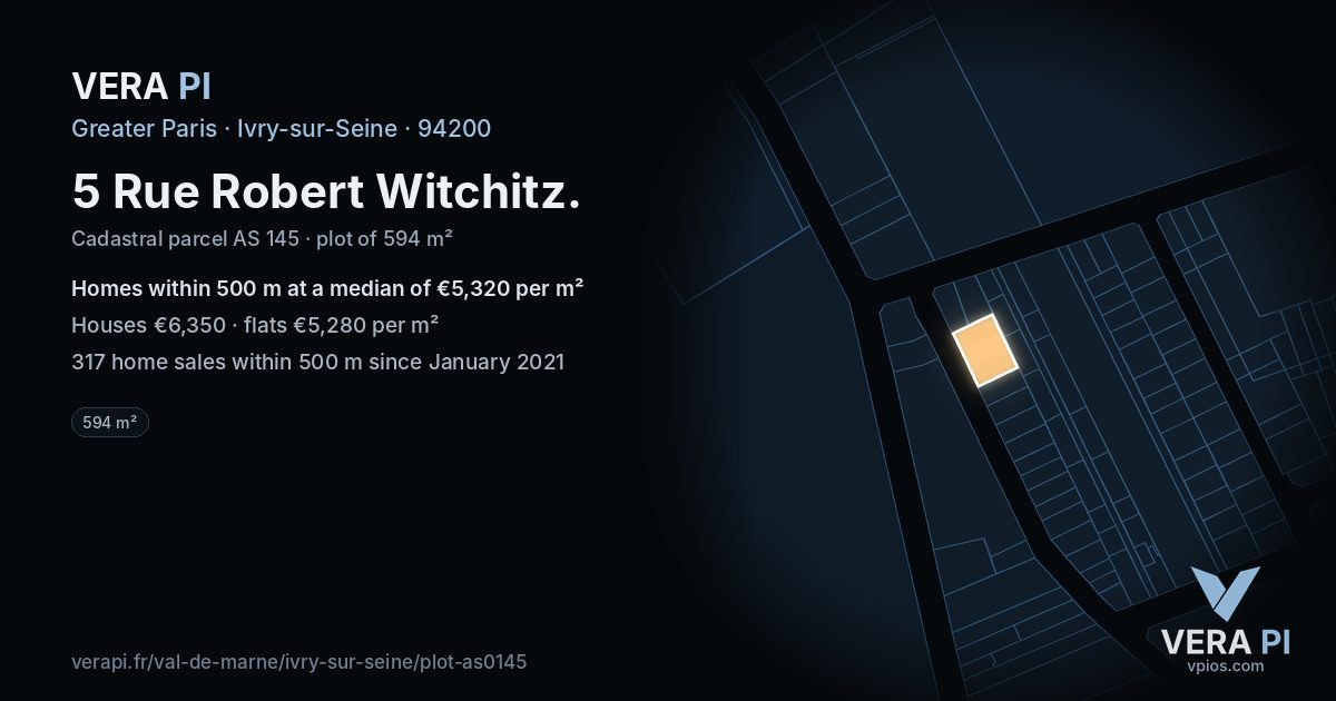 5 Rue Robert Witchitz, Ivry-sur-Seine at night – the plot lit, the parcels around coloured by the prices near them