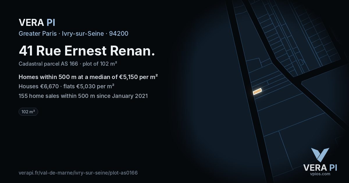 41 Rue Ernest Renan, Ivry-sur-Seine at night – the plot lit, the parcels around coloured by the prices near them