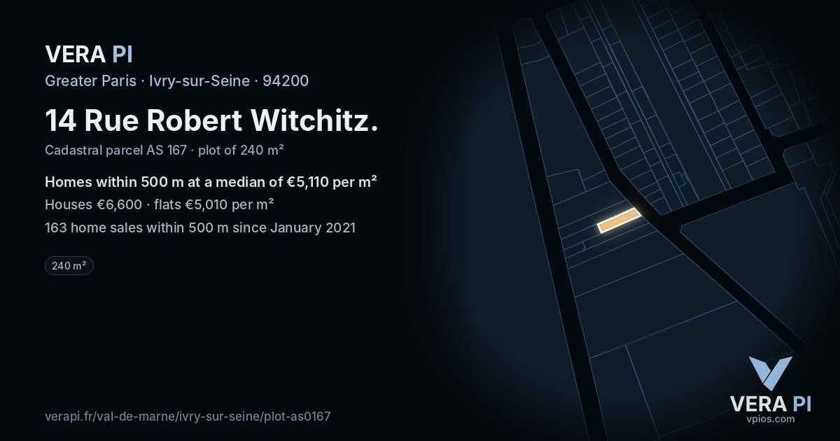 14 Rue Robert Witchitz, Ivry-sur-Seine at night – the plot lit, the parcels around coloured by the prices near them