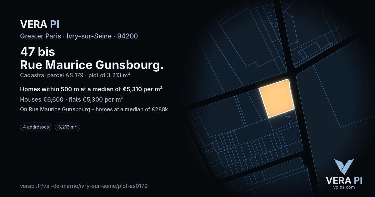 47 bis Rue Maurice Gunsbourg, Ivry-sur-Seine at night – the plot lit, the parcels around coloured by the prices near them