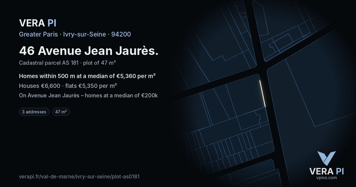 46 Avenue Jean Jaurès, Ivry-sur-Seine at night – the plot lit, the parcels around coloured by the prices near them