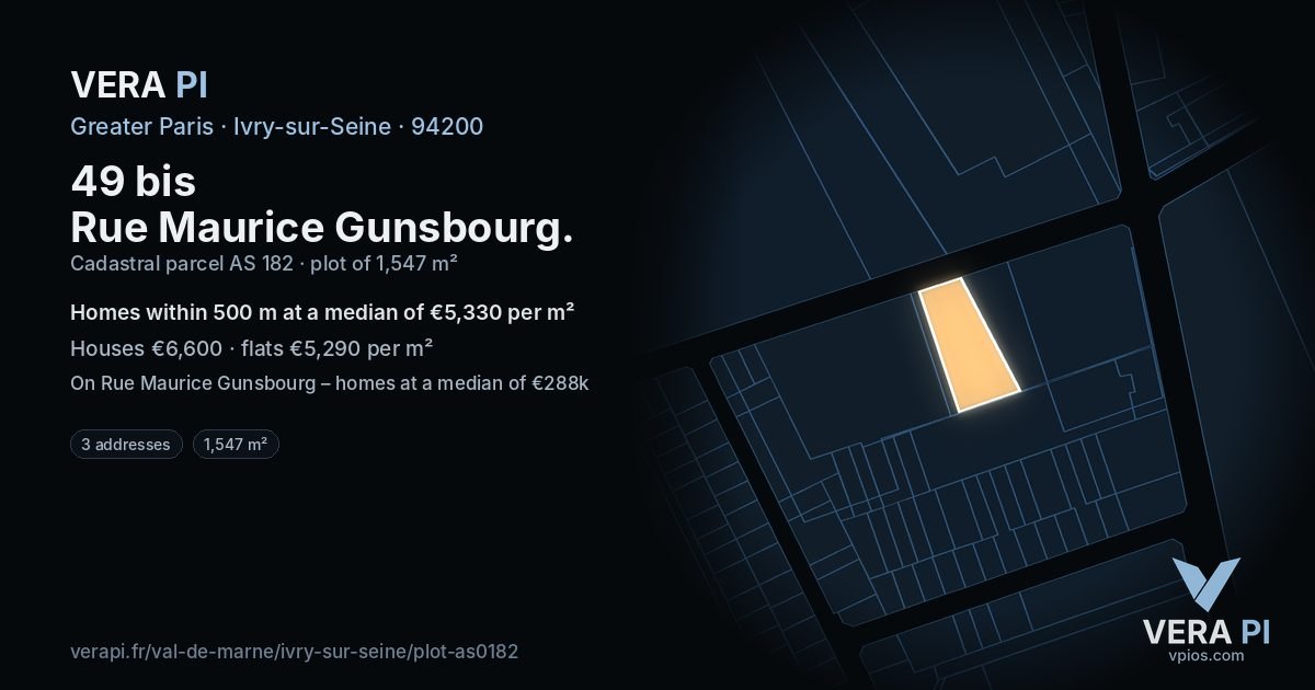 49 bis Rue Maurice Gunsbourg, Ivry-sur-Seine at night – the plot lit, the parcels around coloured by the prices near them