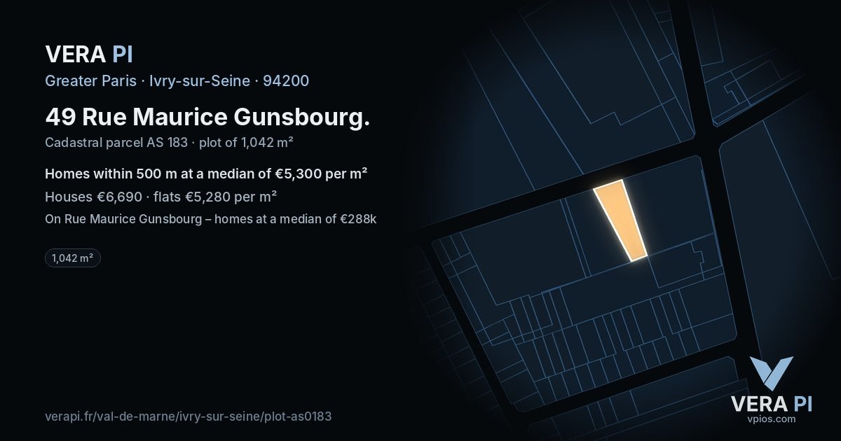 49 Rue Maurice Gunsbourg, Ivry-sur-Seine at night – the plot lit, the parcels around coloured by the prices near them