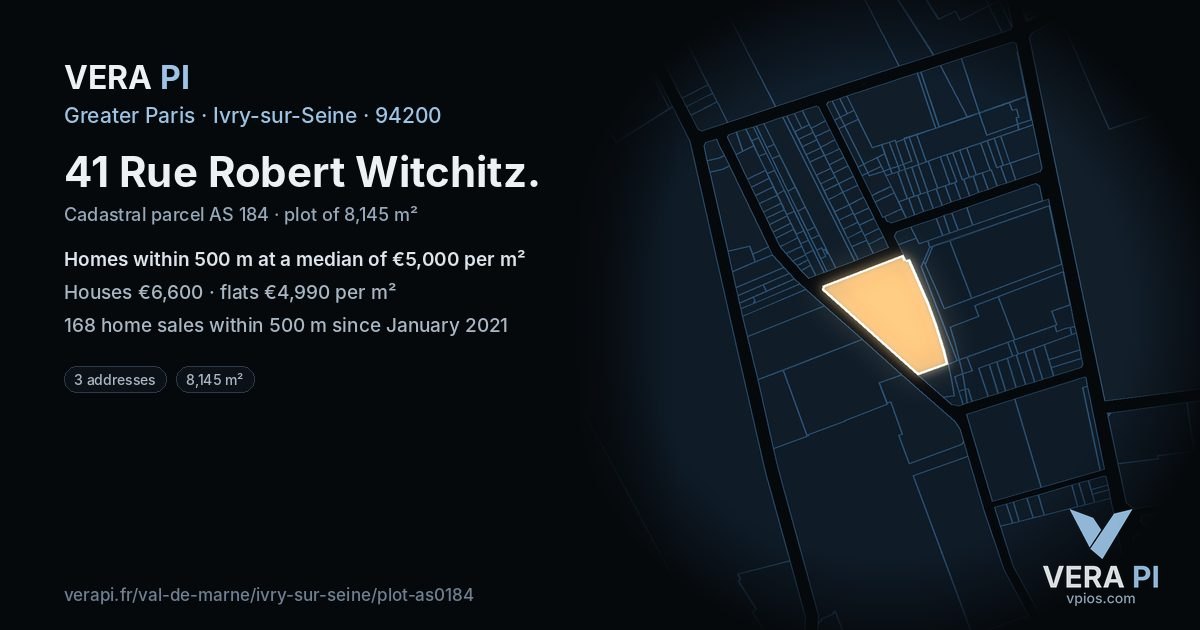 41 Rue Robert Witchitz, Ivry-sur-Seine at night – the plot lit, the parcels around coloured by the prices near them