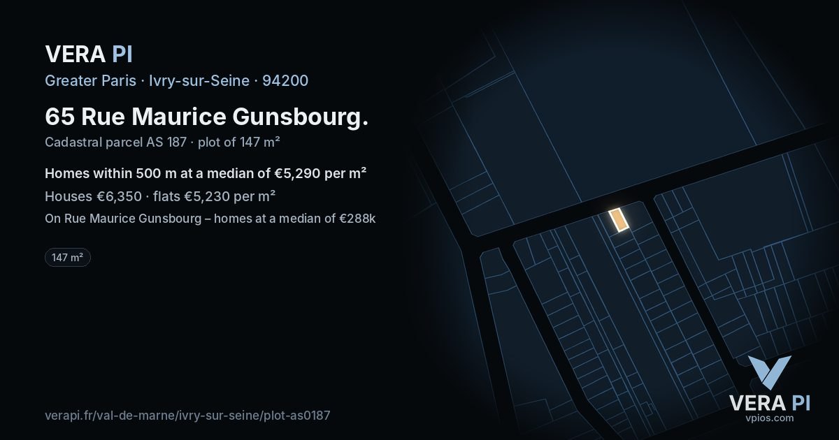 65 Rue Maurice Gunsbourg, Ivry-sur-Seine at night – the plot lit, the parcels around coloured by the prices near them