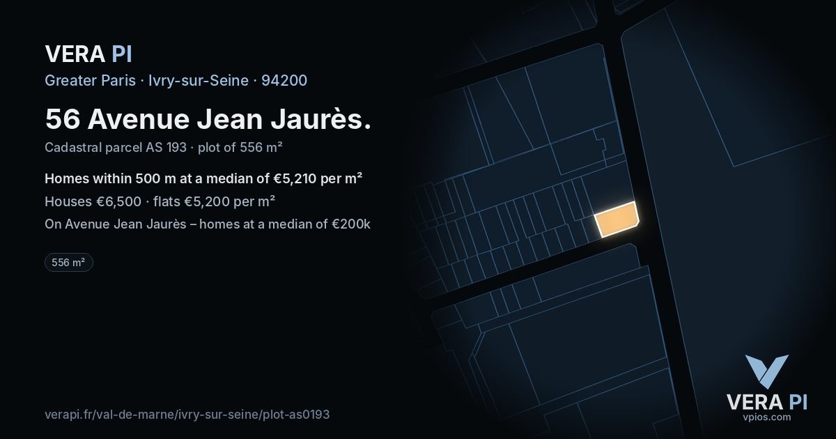 56 Avenue Jean Jaurès, Ivry-sur-Seine at night – the plot lit, the parcels around coloured by the prices near them