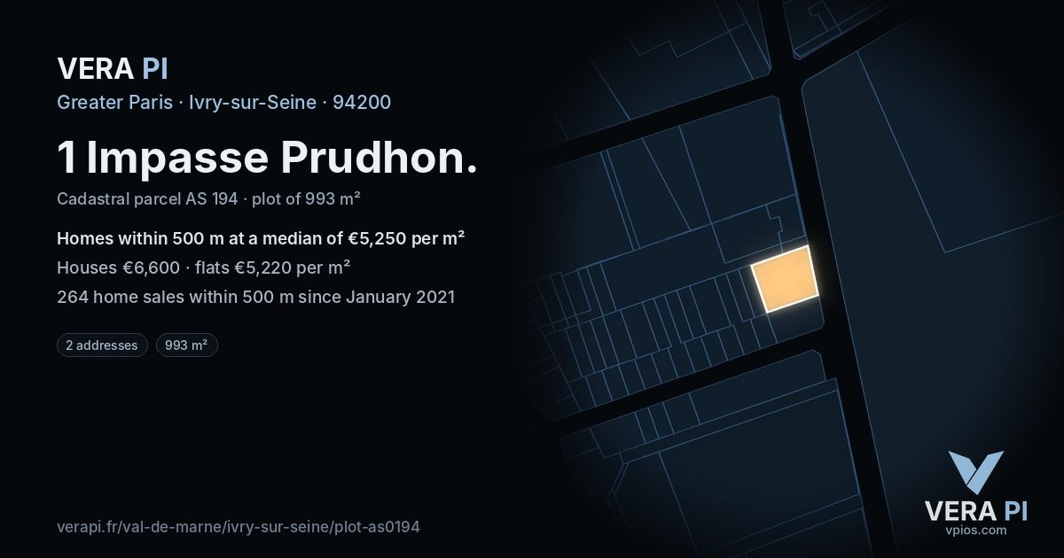 1 Impasse Prudhon, Ivry-sur-Seine at night – the plot lit, the parcels around coloured by the prices near them