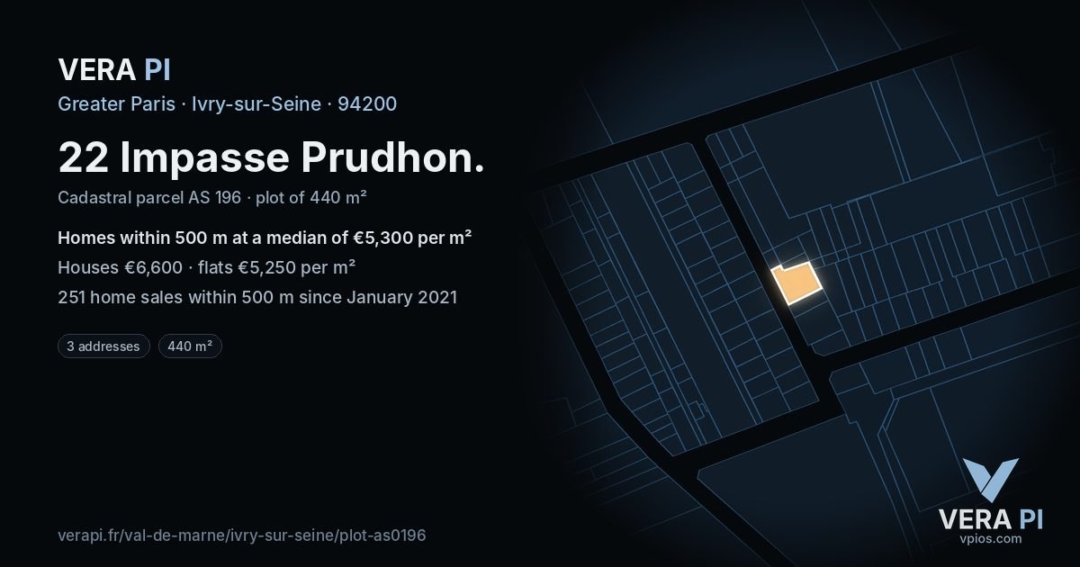 22 Impasse Prudhon, Ivry-sur-Seine at night – the plot lit, the parcels around coloured by the prices near them