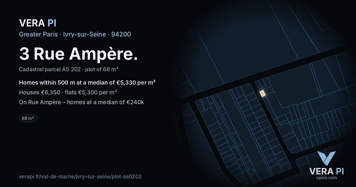 3 Rue Ampère, Ivry-sur-Seine at night – the plot lit, the parcels around coloured by the prices near them