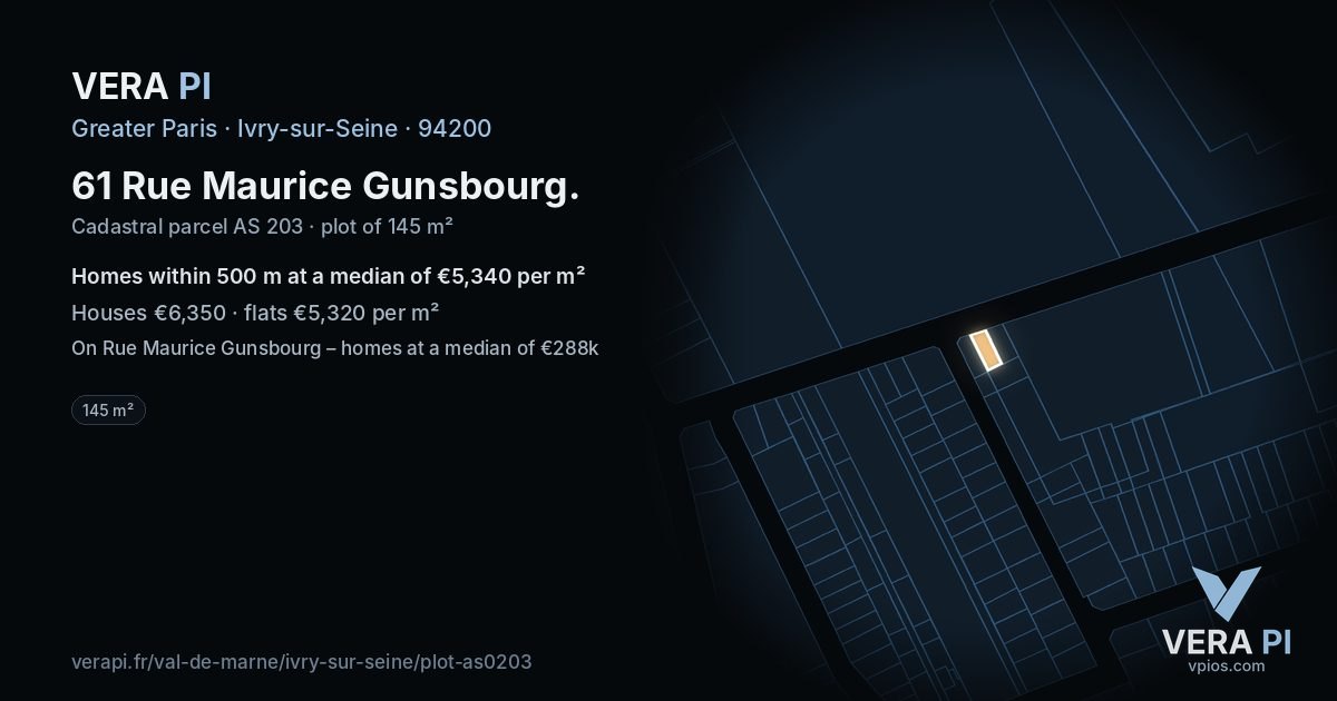 61 Rue Maurice Gunsbourg, Ivry-sur-Seine at night – the plot lit, the parcels around coloured by the prices near them
