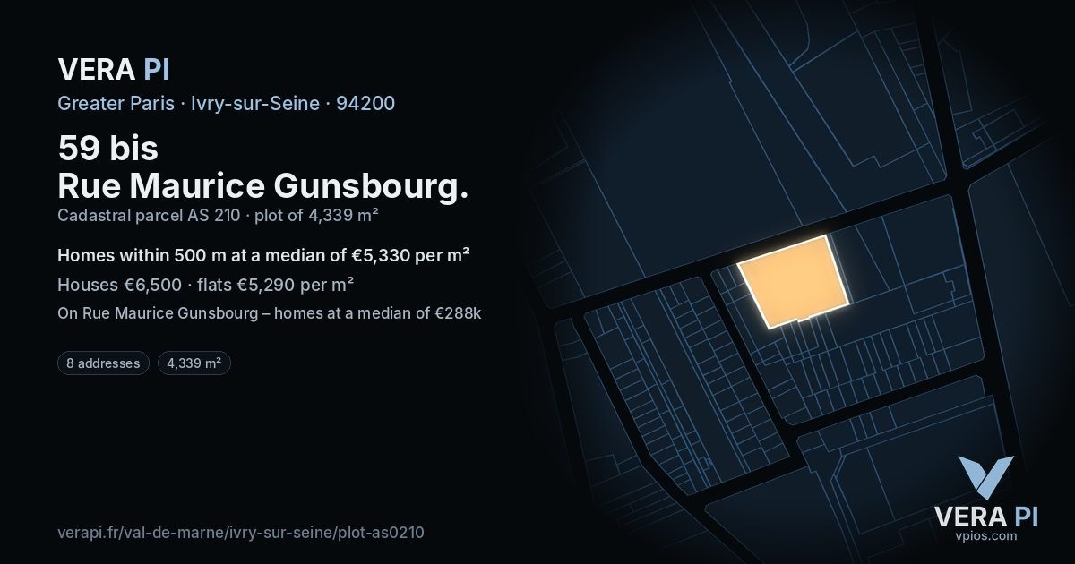 59 bis Rue Maurice Gunsbourg, Ivry-sur-Seine at night – the plot lit, the parcels around coloured by the prices near them
