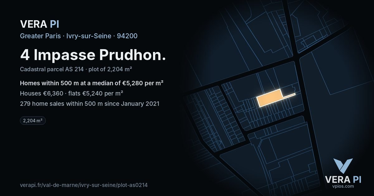 4 Impasse Prudhon, Ivry-sur-Seine at night – the plot lit, the parcels around coloured by the prices near them