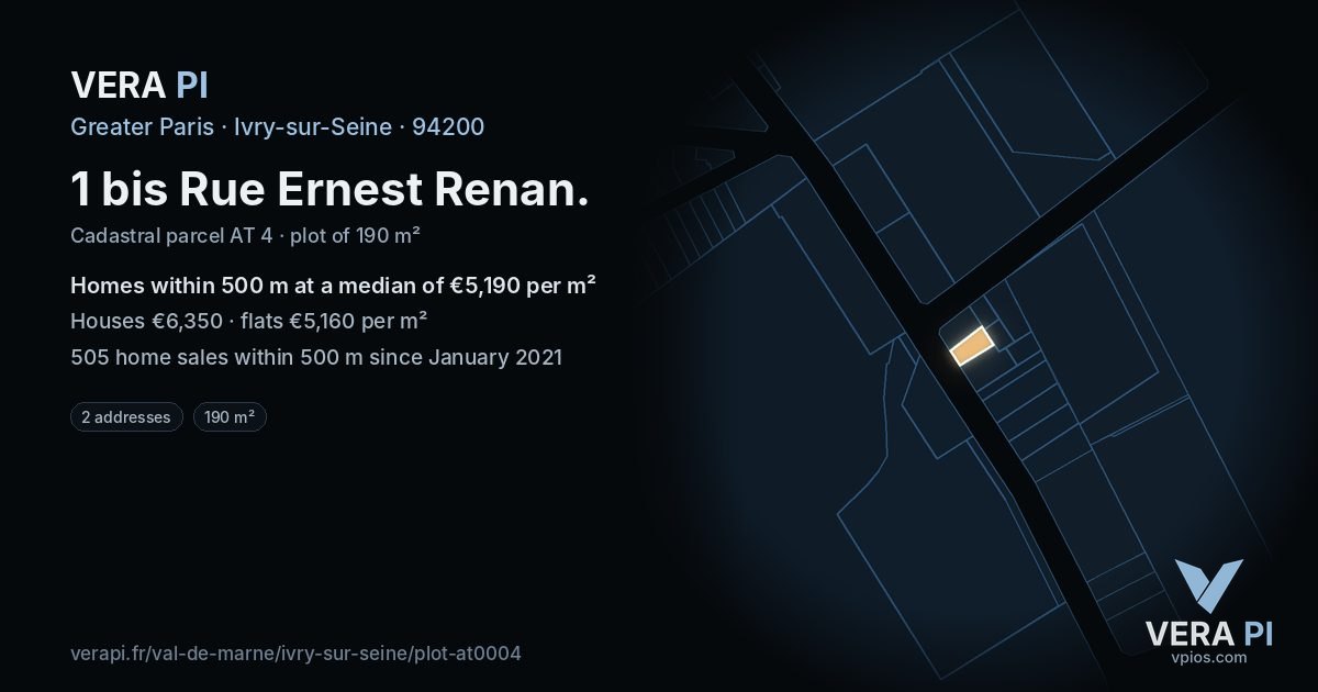 1 bis Rue Ernest Renan, Ivry-sur-Seine at night – the plot lit, the parcels around coloured by the prices near them