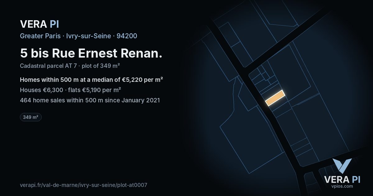 5 bis Rue Ernest Renan, Ivry-sur-Seine at night – the plot lit, the parcels around coloured by the prices near them