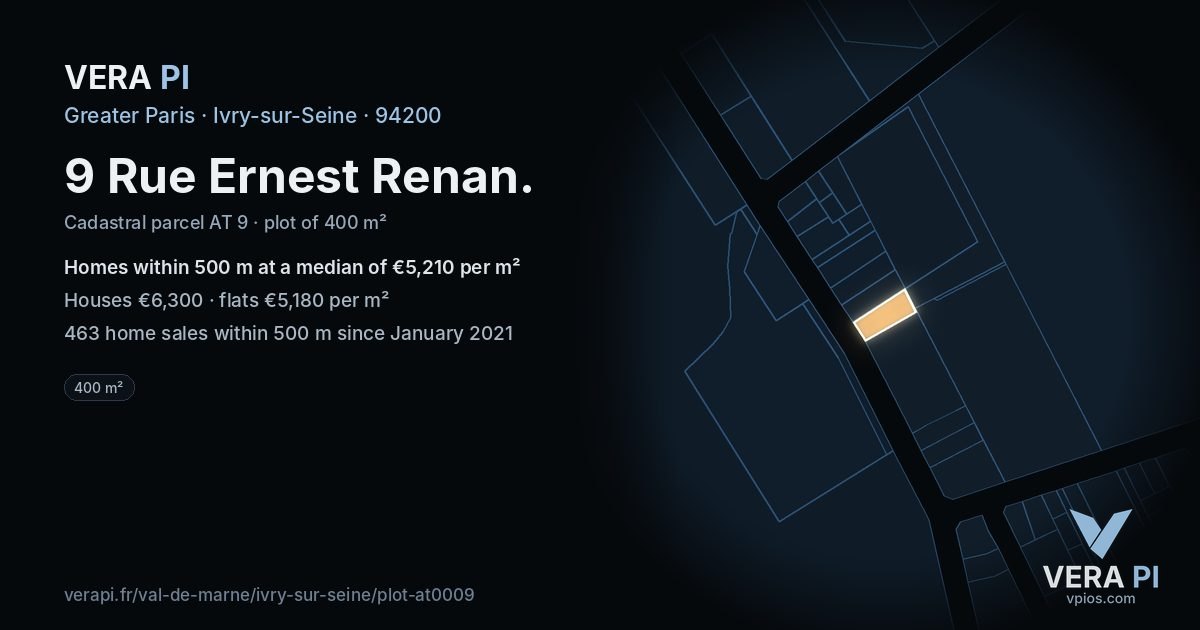 9 Rue Ernest Renan, Ivry-sur-Seine at night – the plot lit, the parcels around coloured by the prices near them