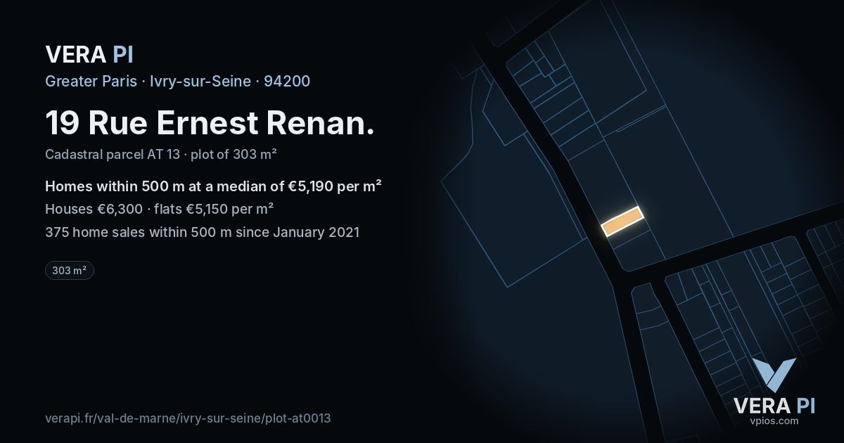 19 Rue Ernest Renan, Ivry-sur-Seine at night – the plot lit, the parcels around coloured by the prices near them