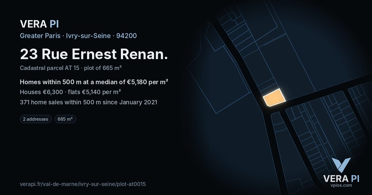 23 Rue Ernest Renan, Ivry-sur-Seine at night – the plot lit, the parcels around coloured by the prices near them