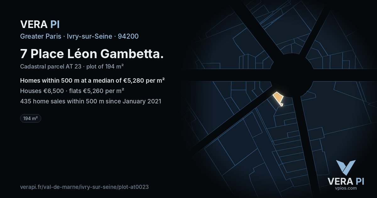 7 Place Léon Gambetta, Ivry-sur-Seine at night – the plot lit, the parcels around coloured by the prices near them