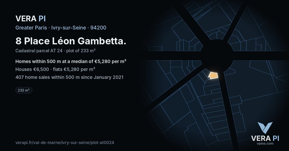 8 Place Léon Gambetta, Ivry-sur-Seine at night – the plot lit, the parcels around coloured by the prices near them