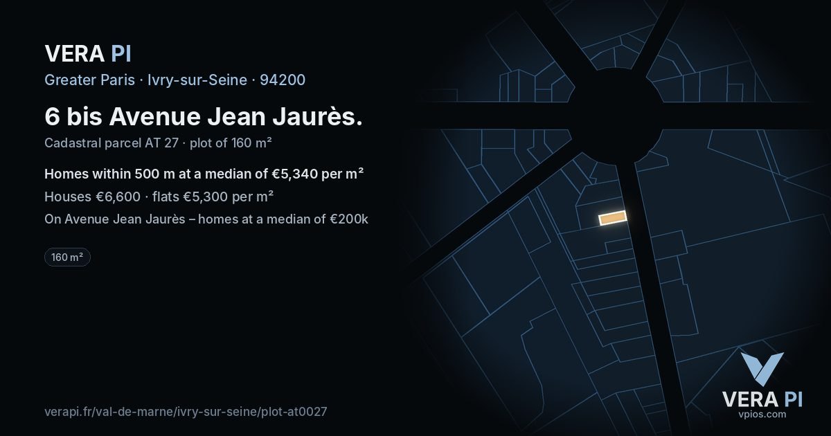 6 bis Avenue Jean Jaurès, Ivry-sur-Seine at night – the plot lit, the parcels around coloured by the prices near them