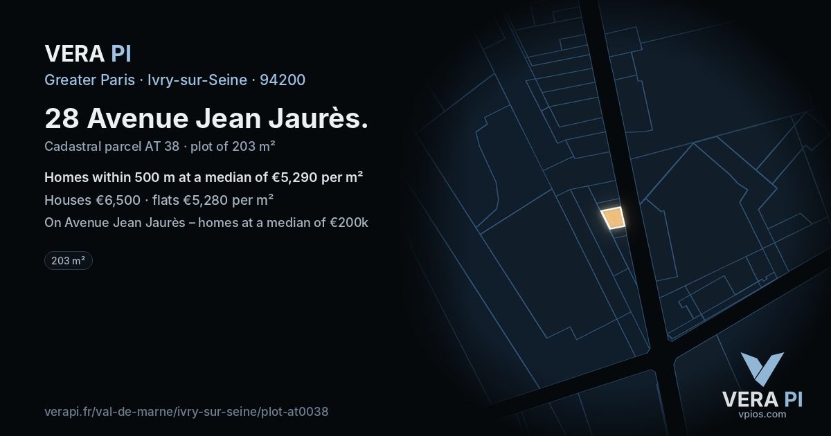 28 Avenue Jean Jaurès, Ivry-sur-Seine at night – the plot lit, the parcels around coloured by the prices near them