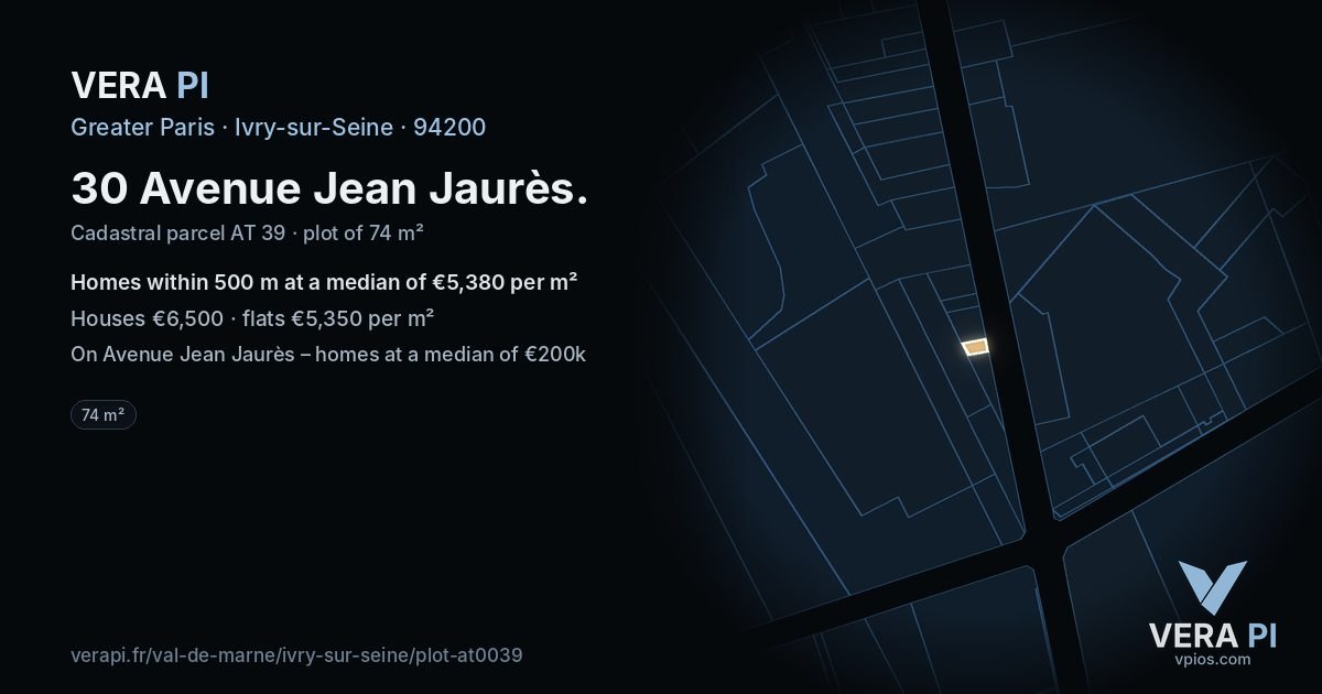 30 Avenue Jean Jaurès, Ivry-sur-Seine at night – the plot lit, the parcels around coloured by the prices near them
