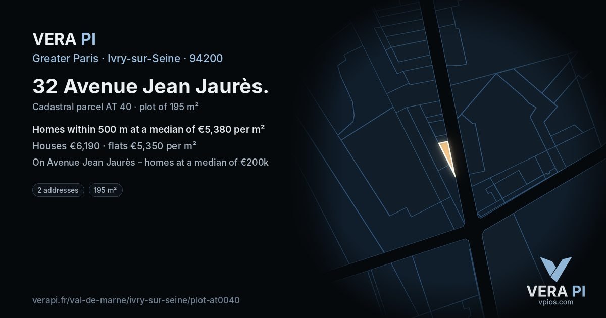 32 Avenue Jean Jaurès, Ivry-sur-Seine at night – the plot lit, the parcels around coloured by the prices near them