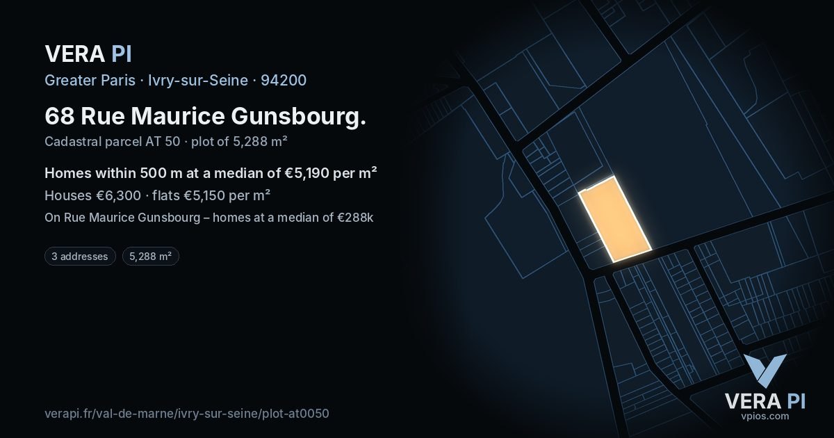68 Rue Maurice Gunsbourg, Ivry-sur-Seine at night – the plot lit, the parcels around coloured by the prices near them