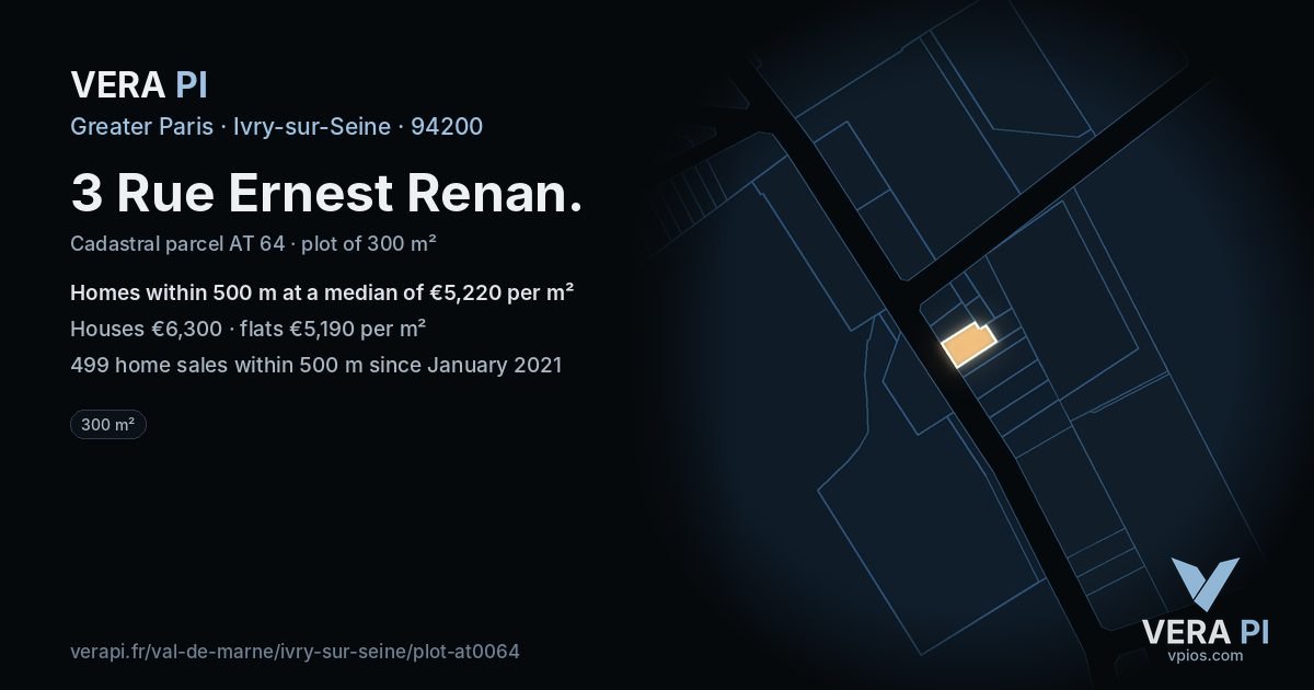 3 Rue Ernest Renan, Ivry-sur-Seine at night – the plot lit, the parcels around coloured by the prices near them