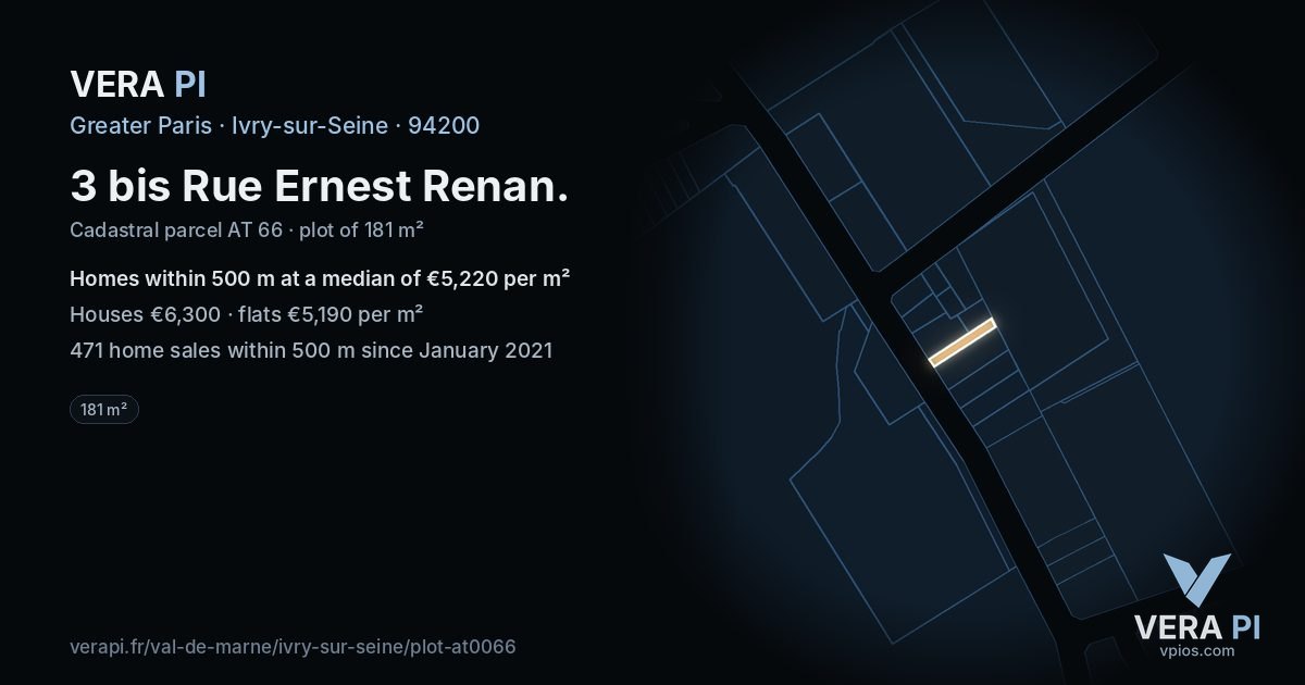 3 bis Rue Ernest Renan, Ivry-sur-Seine at night – the plot lit, the parcels around coloured by the prices near them